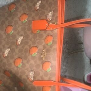 Coach Citrus Print Tan and Orange Tote